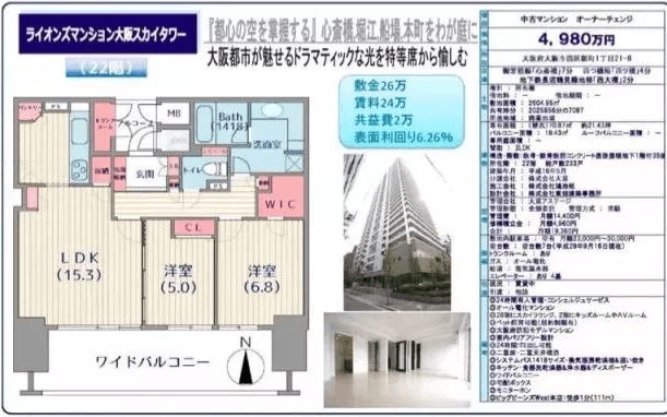 日本大阪公寓 ライオンズマンション大阪スカイタワー 22层 2居 70.87平米
