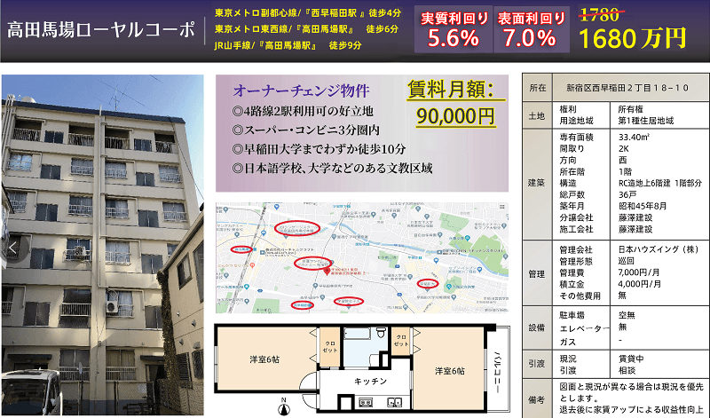 日本东京新宿区超高性价比投资物件2K 33.40平米