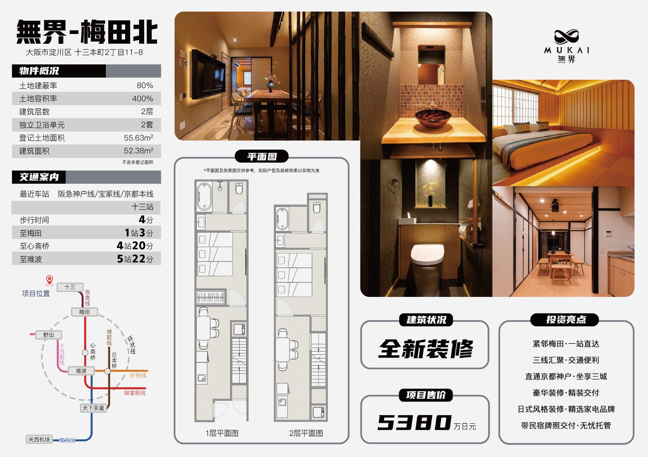 日本大阪淀川区无界梅田北民宿 2卧2卫公寓 53800000日元